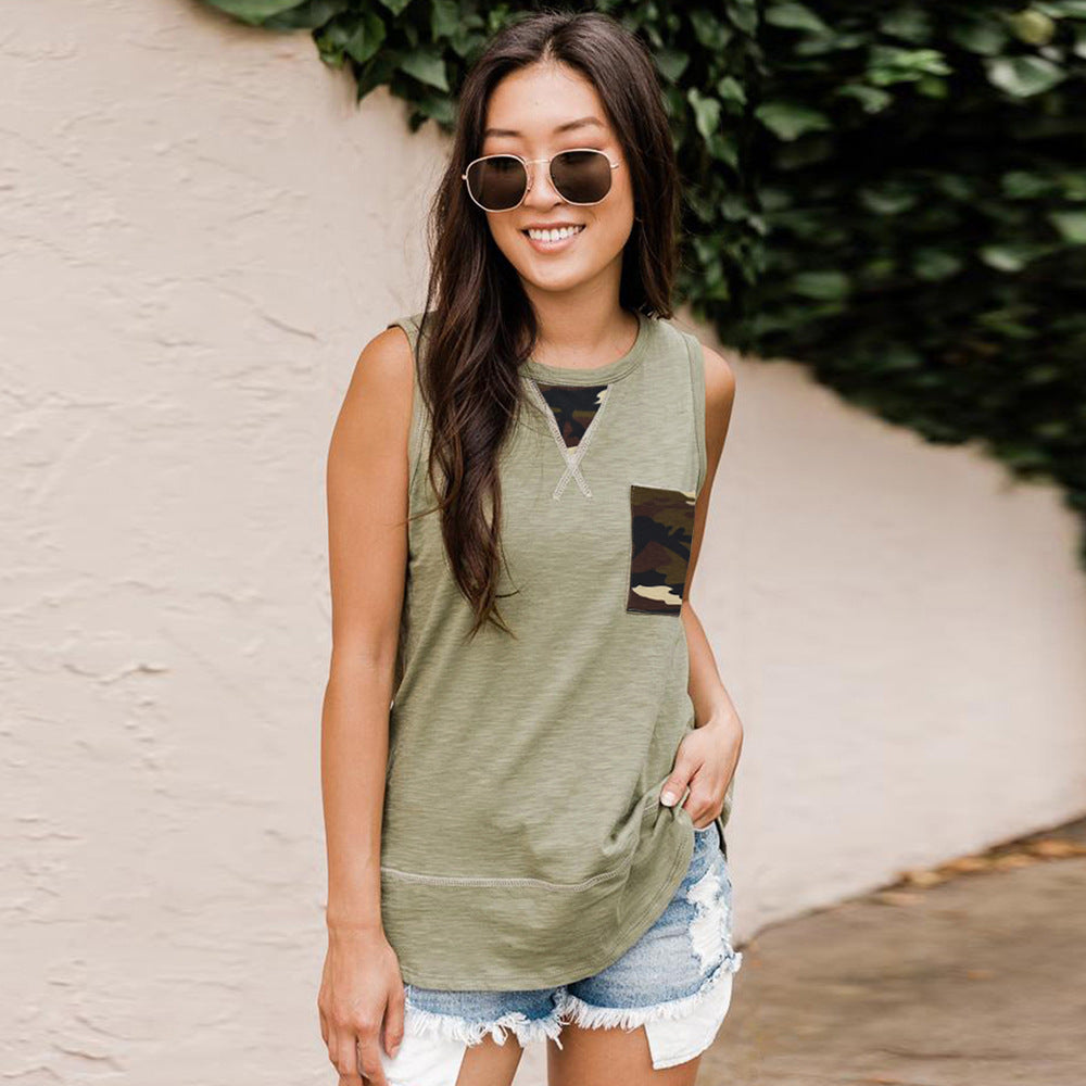 Summer Crew Neck Contrast Loose Tank Top Sleeveless TShirt