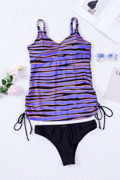 Purple Animal Stripes Lacing Tankini Swimsuit