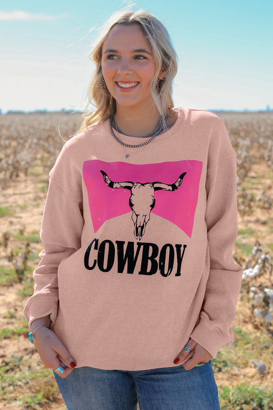 Pink Steer Head Cowboy Print Corded Pullover Sweatshirt