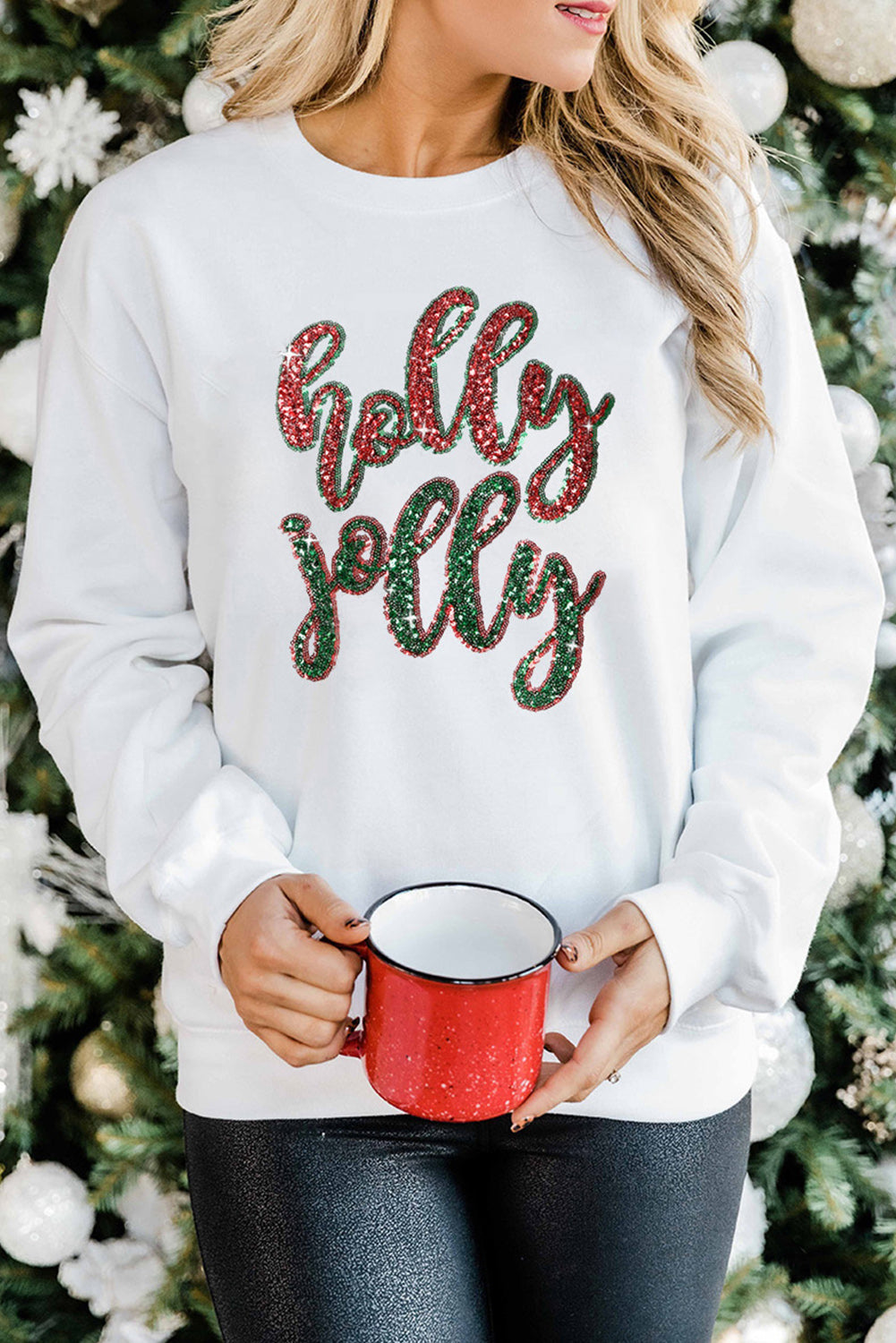 White Sequined holly jolly Graphic Christmas Sweatshirt