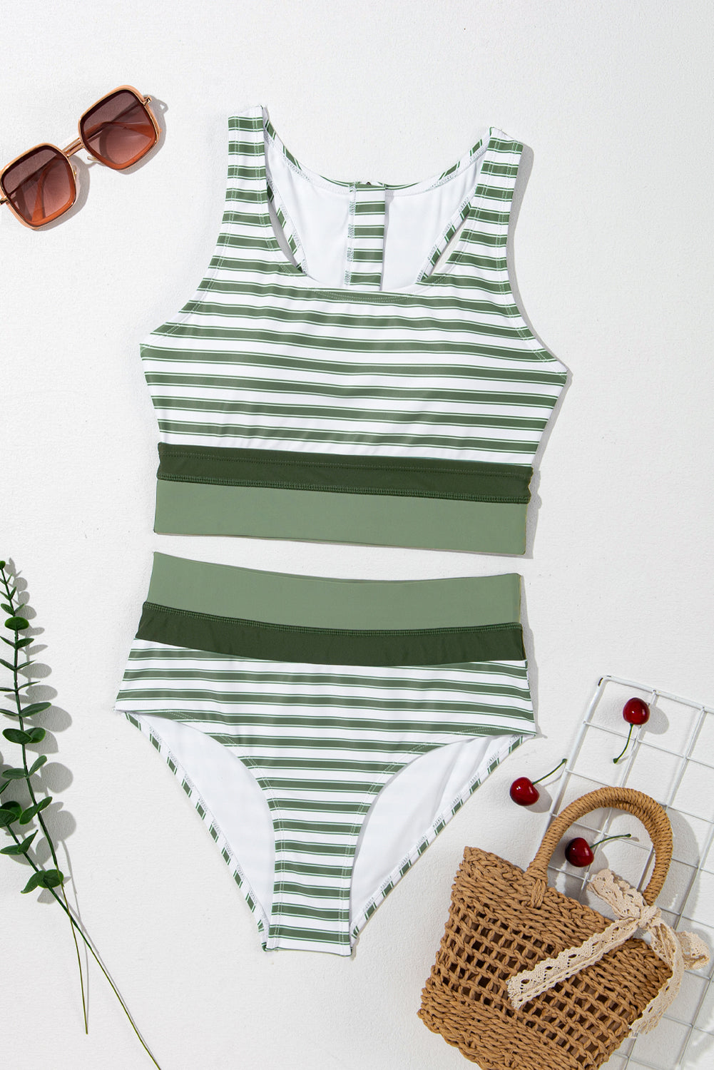 White Stripe Zipped Cut out Racer Back High Waisted Bikini