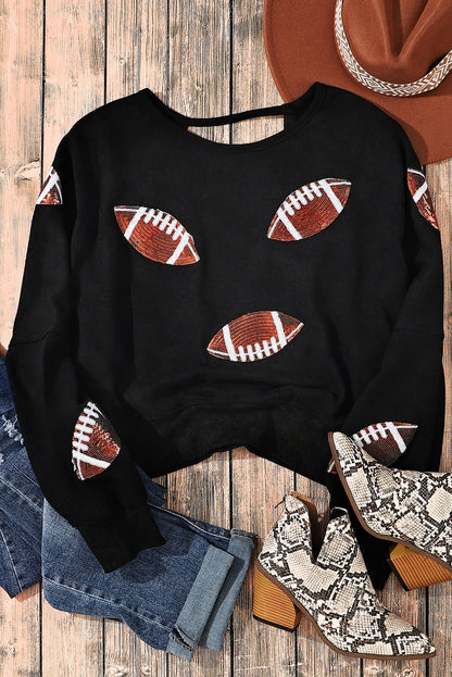 Black Sequined Rugby Graphic Open Back Sweatshirt