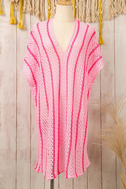 Pink Striped Crochet Loose Fit V Neck Beach Cover Up