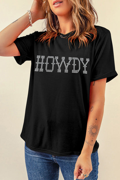 Black HOWDY Rhinestone Slim Fit Crew Neck T Shirt