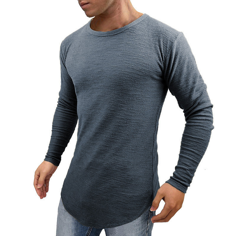 Men's Slim T Shirt Men's Long Sleeve T Shirt Round Neck Arc Hem Long Sleeve T Shirt