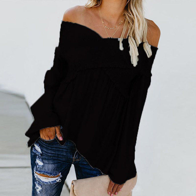 Women Sexy Off Shoulder Shirts Irregular Hem Blouse Shir