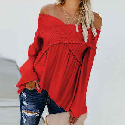 Women Sexy Off Shoulder Shirts Irregular Hem Blouse Shir