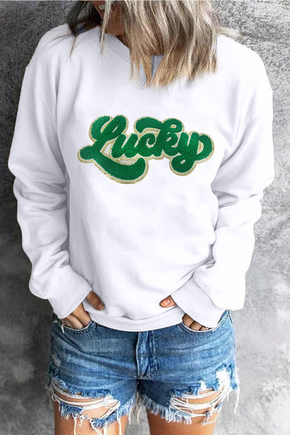 White Shiny Trim Chenille Lucky Pattern Sweatshirt