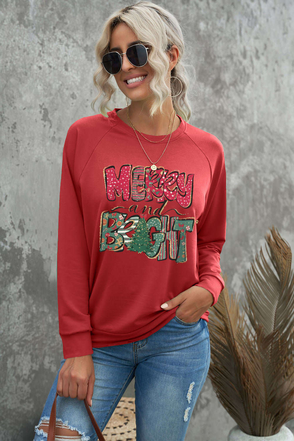 Fiery Red MERRY and BRIGHT Xmas Tree Print Sweatshirt