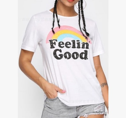 Cotton white T-shirt female rainbow letter print T-shirt