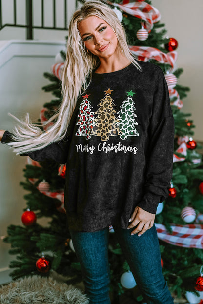 Black Merry Christmas Leopard Trees Graphic Sweatshirt