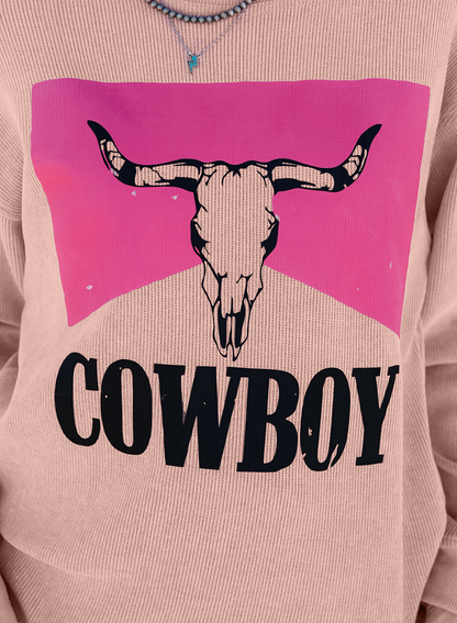 Pink Steer Head Cowboy Print Corded Pullover Sweatshirt