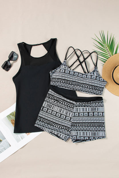 Black 3pcs Mesh Cutout Print Tankini Swimsuit