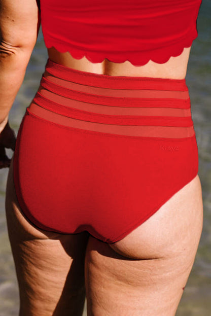 Fiery Red Mesh Striped High Waist Bikini Bottoms