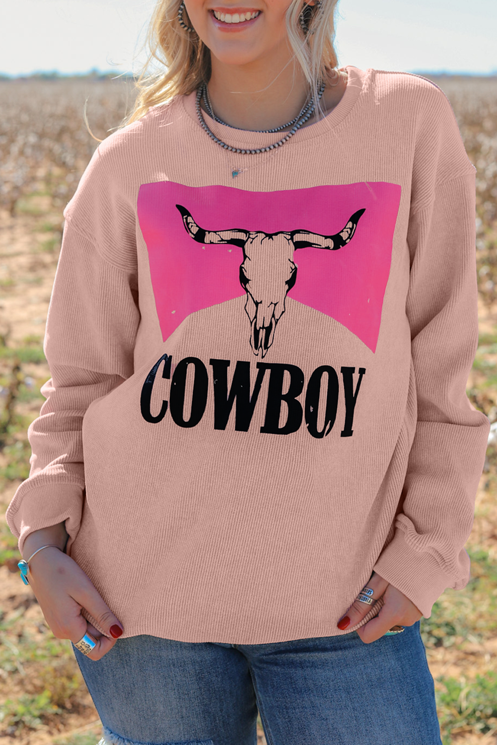 Pink Steer Head Cowboy Print Corded Pullover Sweatshirt