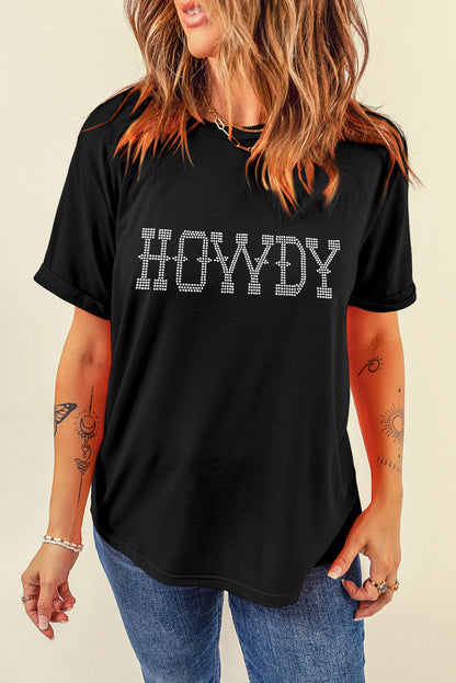 Black HOWDY Rhinestone Slim Fit Crew Neck T Shirt