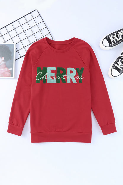 Fiery Red Chenille MERRY Christmas Raglan Sleeve Sweatshirt