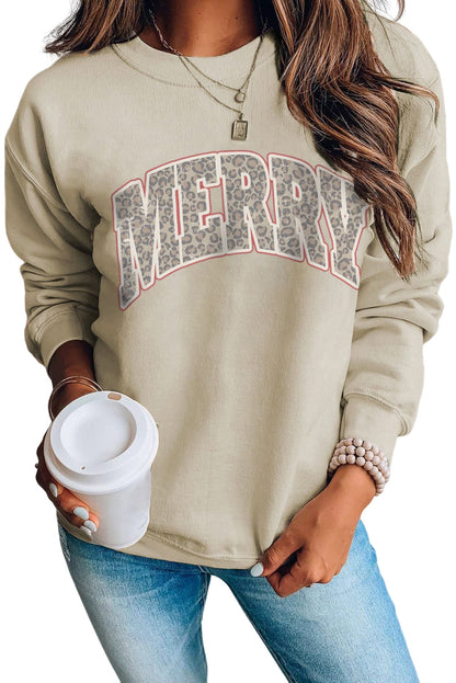 Khaki MERRY Leopard Print Long Sleeve Graphic Sweatshirt