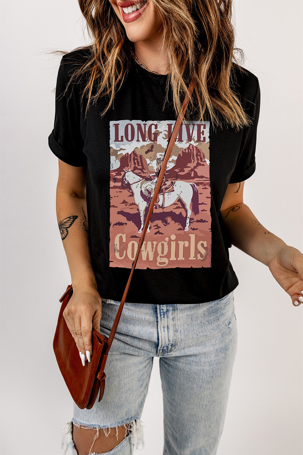 Black LONG LIVE Cowgirls Graphic Print T Shirt