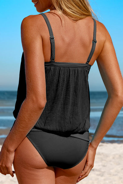 Black Striped Mesh Knotted Hem Tankini Swimsuit