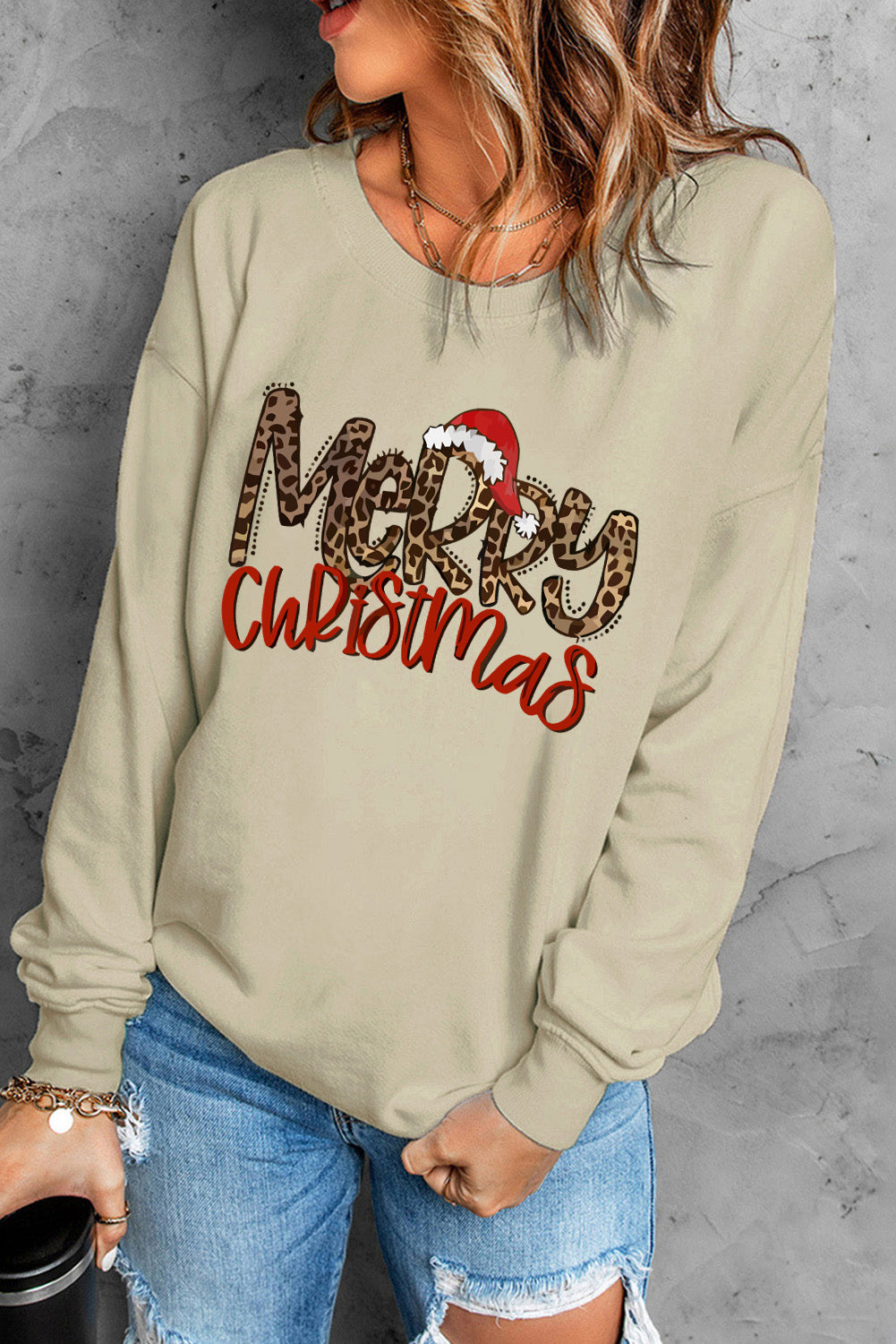 Khaki Merry Christmas Hat Leopard Print Graphic Sweatshirt