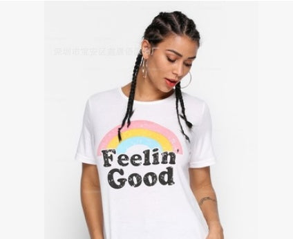 Cotton white T-shirt female rainbow letter print T-shirt