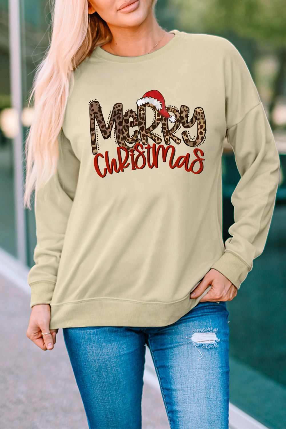 Khaki Merry Christmas Hat Leopard Print Graphic Sweatshirt