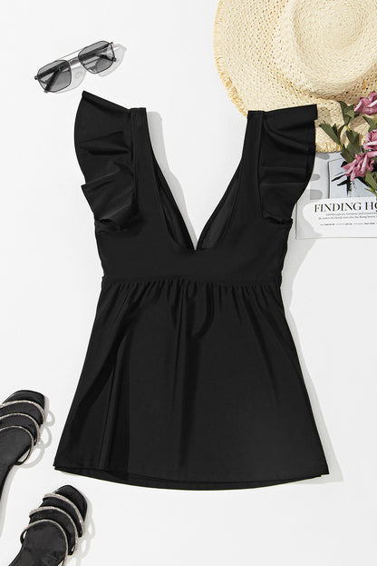 Black Sexy V Neck Ruffle Sleeve Tankini Top