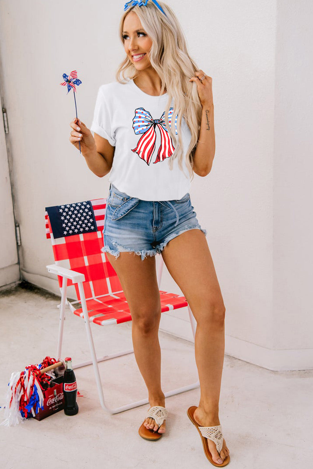 White Stripes and Stars Bowknot Print T Shirt