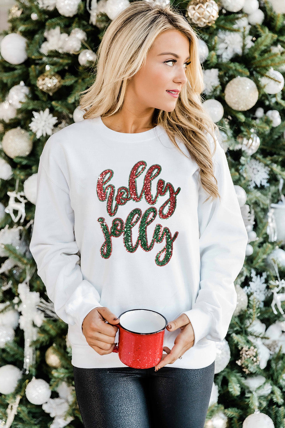 White Sequined holly jolly Graphic Christmas Sweatshirt