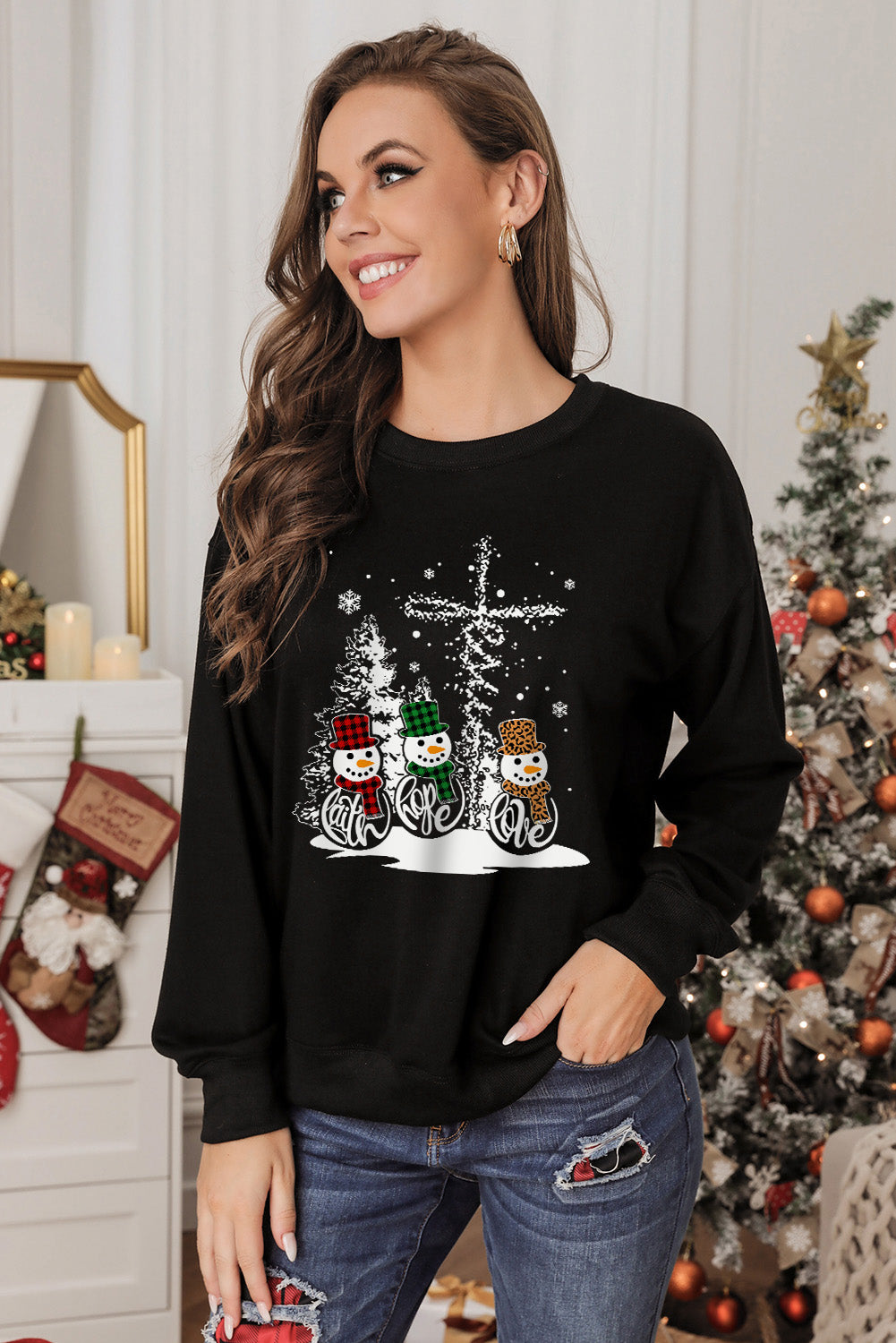 Black Christmas Snowman Graphic Print Pullover Sweatshirt