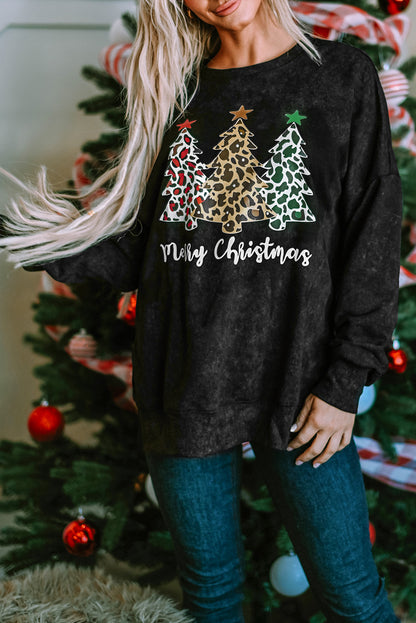 Black Merry Christmas Leopard Trees Graphic Sweatshirt