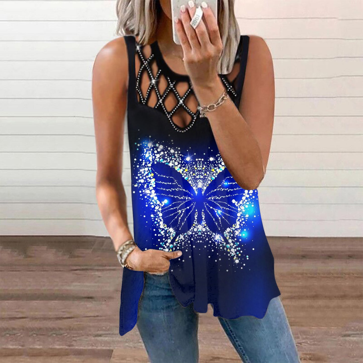 Women's Hollowed Out Hot Drilled Sleeveless Vest Print Tshirt