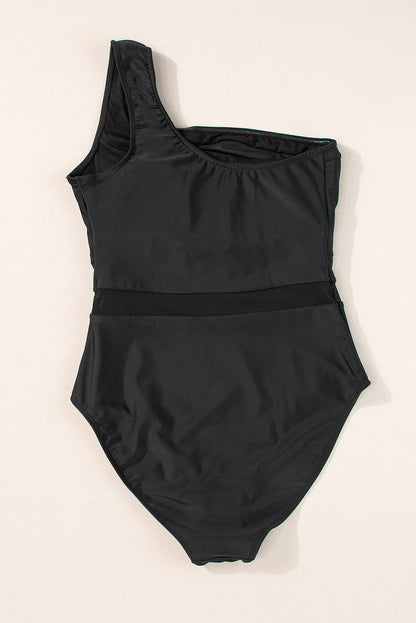 Black Mesh Insert One Shoulder High Waist Teddy Swimsuit