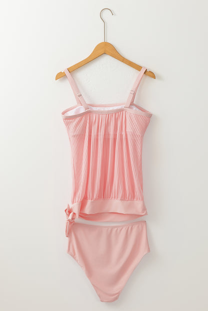 Pink Striped Mesh Knotted Hem Tankini Swimsuit