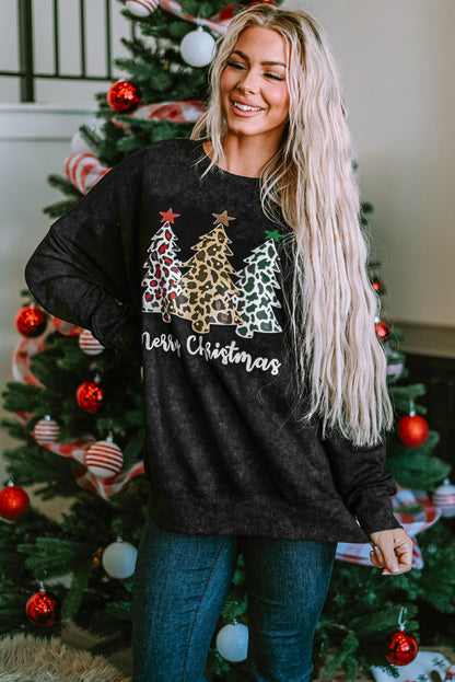 Black Merry Christmas Leopard Trees Graphic Sweatshirt