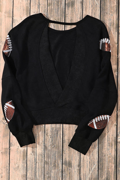 Black Sequined Rugby Graphic Open Back Sweatshirt