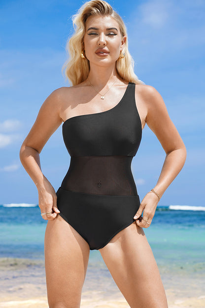 Black Single Shoulder Mesh Patchwork One-piece Swimwear