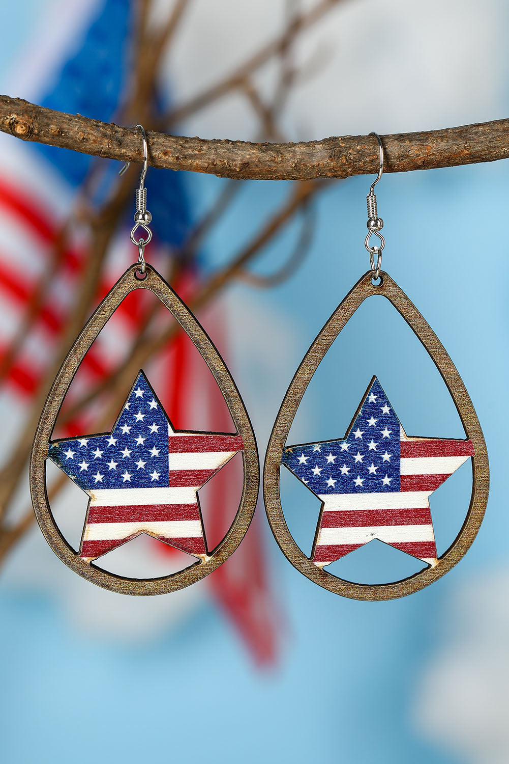 Fiery Red American Flag Heart Shape Hollowed Wood Drop Earrings