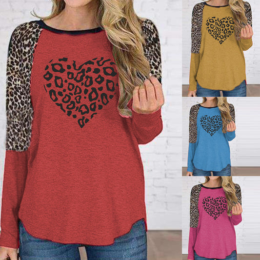 Liebe Druck Frauen T-shirts Mode Leopard Print Splicing Langarm Oansatz Kleidung Vetement Femme Casual Weibliche Tunika Roupas