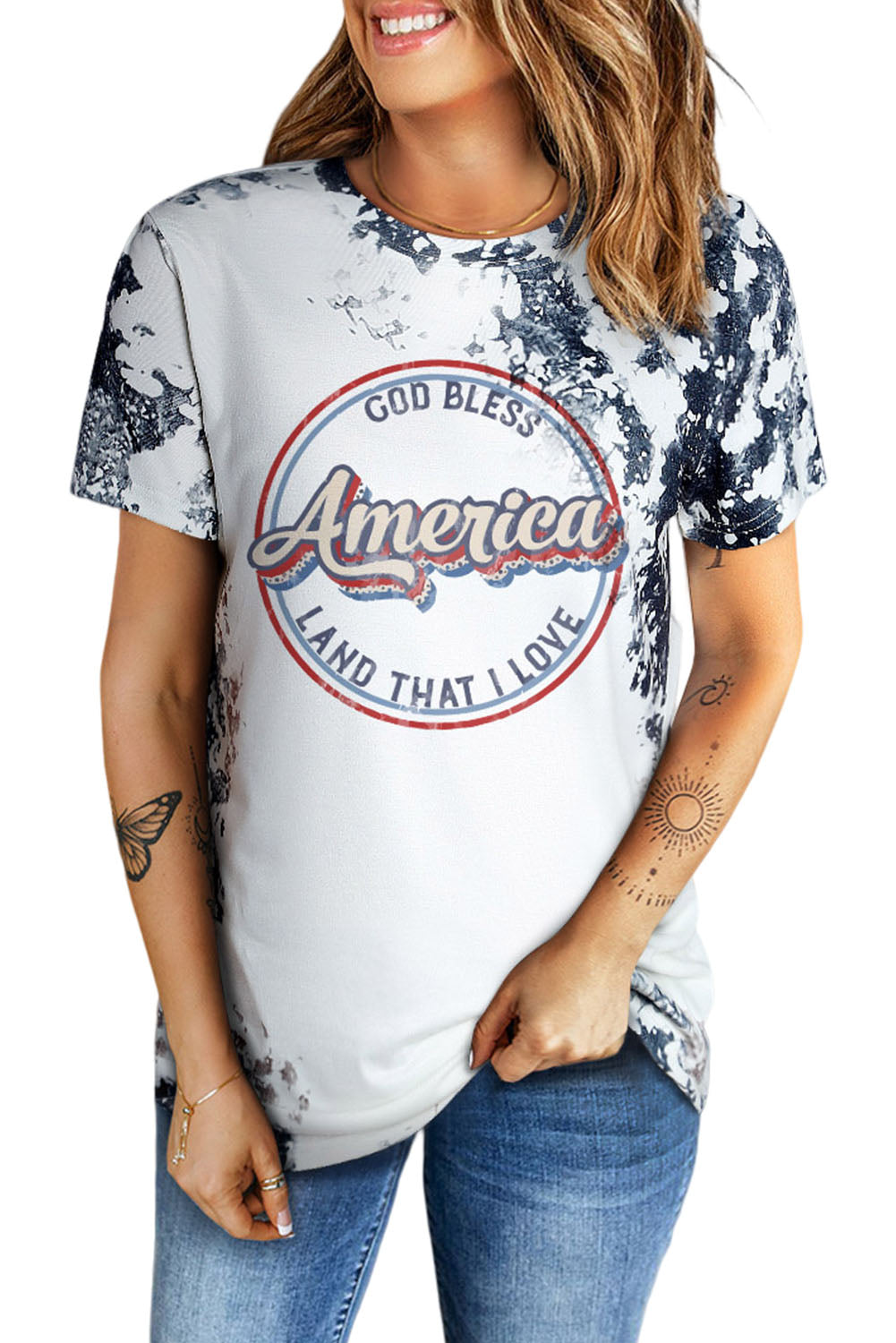 Gray America Slogan Tie Dye Print T Shirt