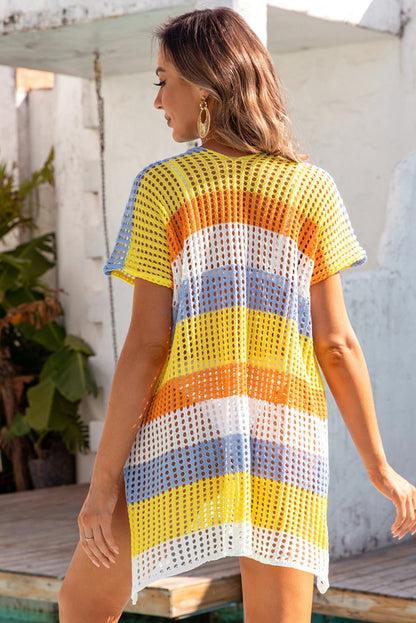 Yellow Striped Hollow Out Knit V Neck Tunic Cover Up