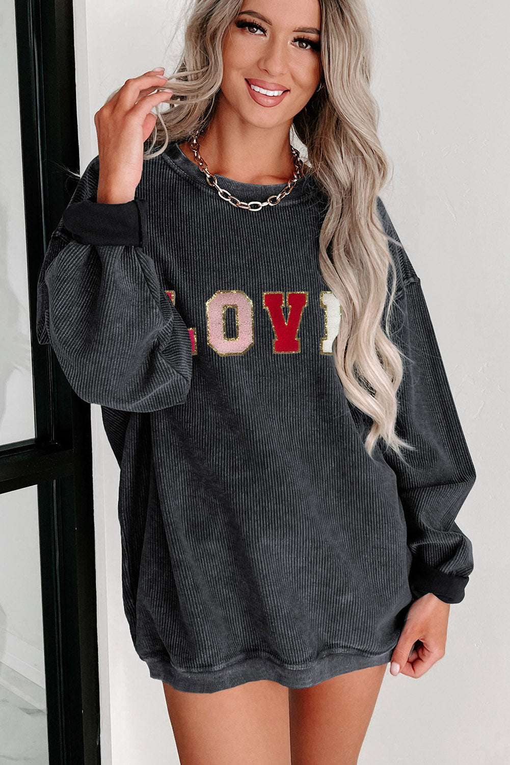 Black Sequin LOVE Chenille Embroidered Graphic Corded Sweatshirt