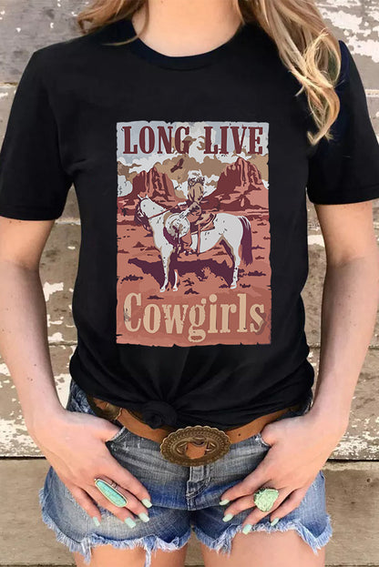 Black LONG LIVE Cowgirls Graphic Print T Shirt