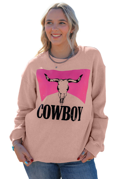 Pink Steer Head Cowboy Print Corded Pullover Sweatshirt