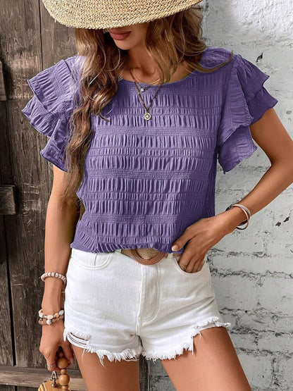 Summer Ruffled Short-sleeved T-shirt Casual Round Neck Pleated Design Top For Women Clothing