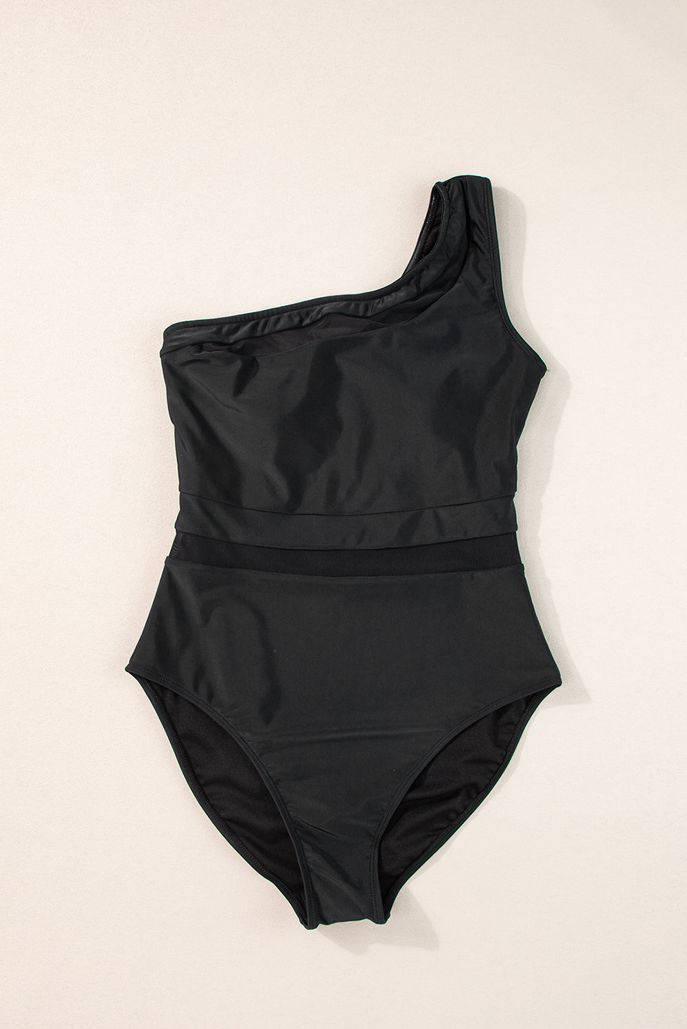 Black Mesh Insert One Shoulder High Waist Teddy Swimsuit