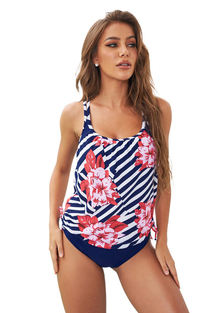 Blue Floral Printed Lined Tankini Swimsuit