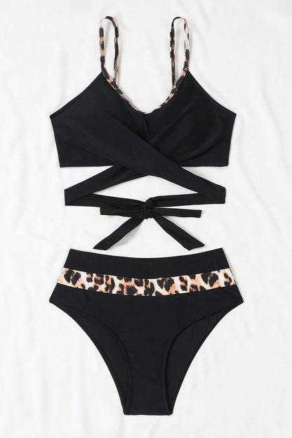 Black Leopard Splicing Criss Cross Tie Spaghetti Straps  High Waisted Bikini