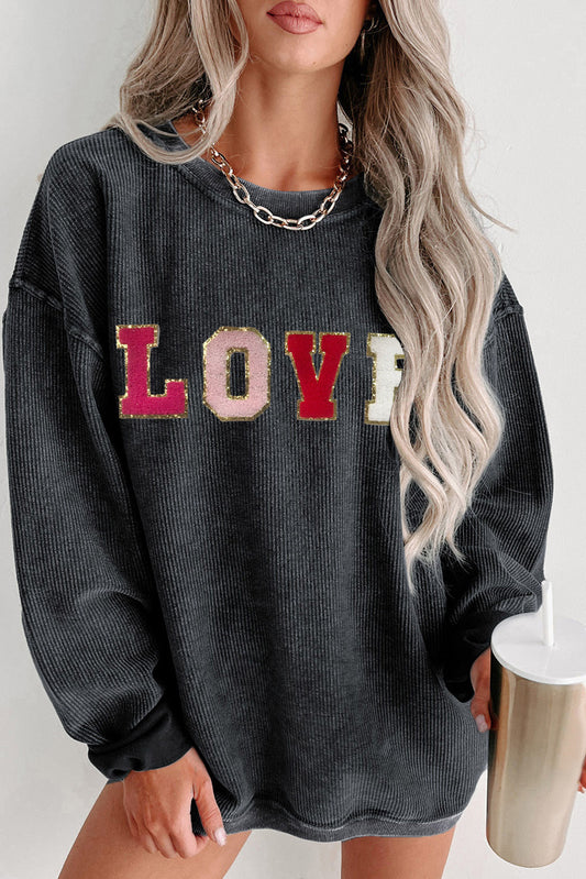 Black Sequin LOVE Chenille Embroidered Graphic Corded Sweatshirt